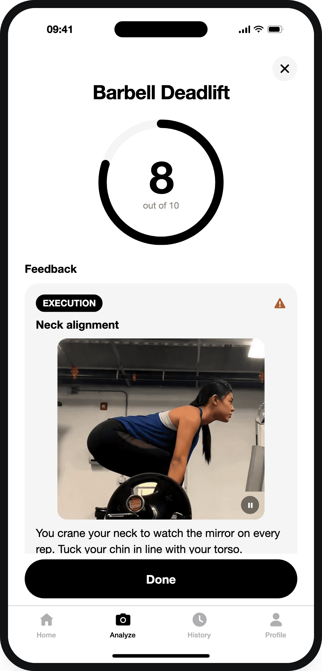 GymForm deadlift feedback with a looping clip highlighting neck alignment