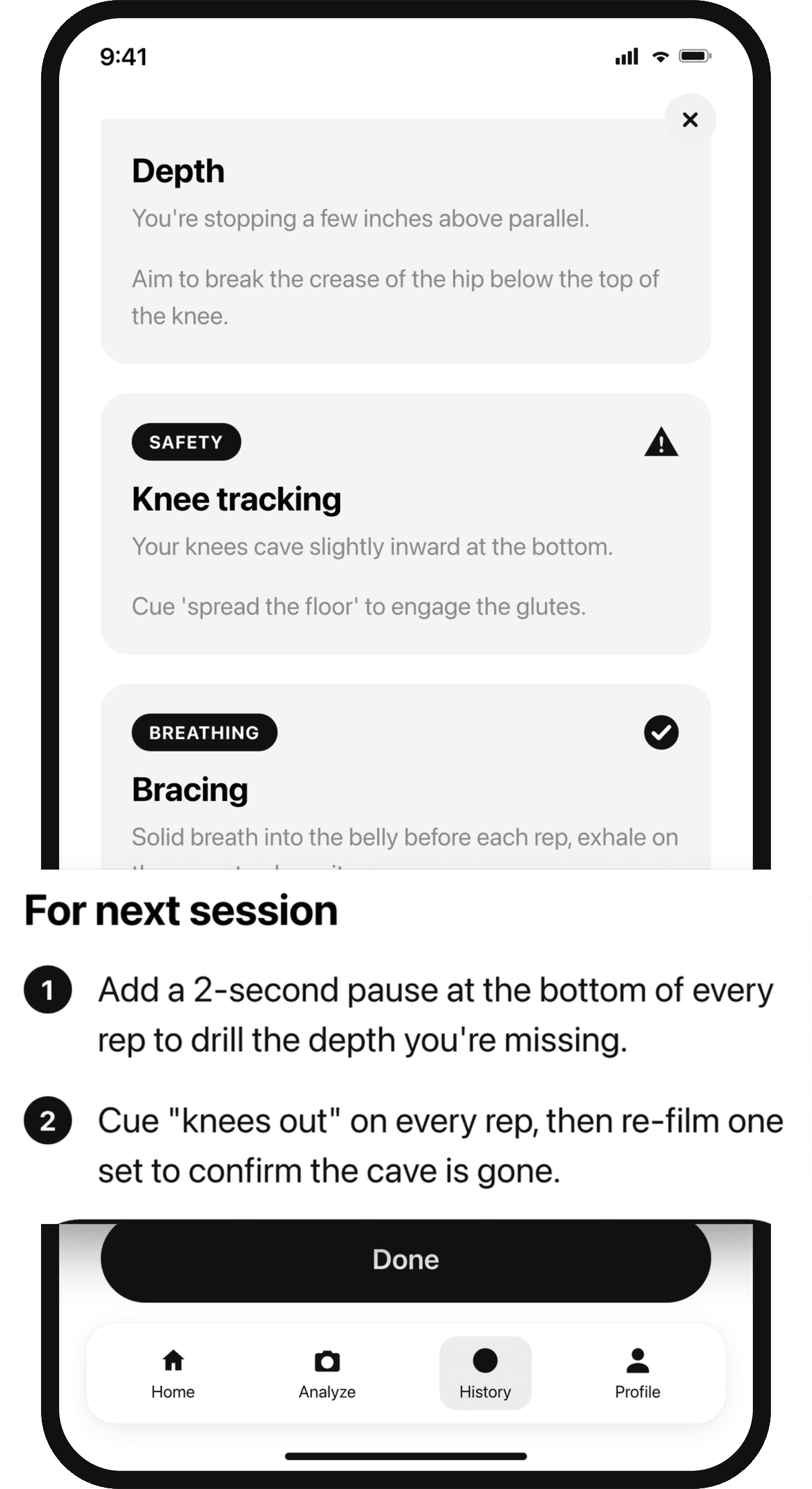 GymForm feedback screen with a zoomed-in callout of rep-by-rep tips for your next session